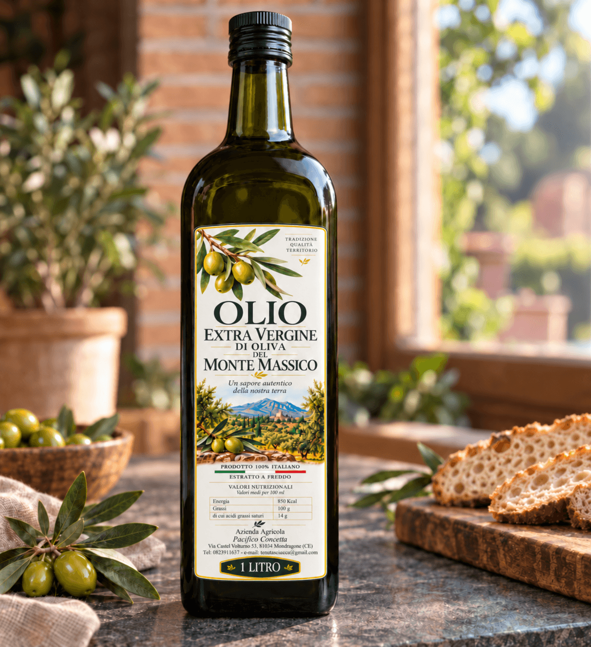 One-litre bottle of extra virgin olive oil of Monte Massico